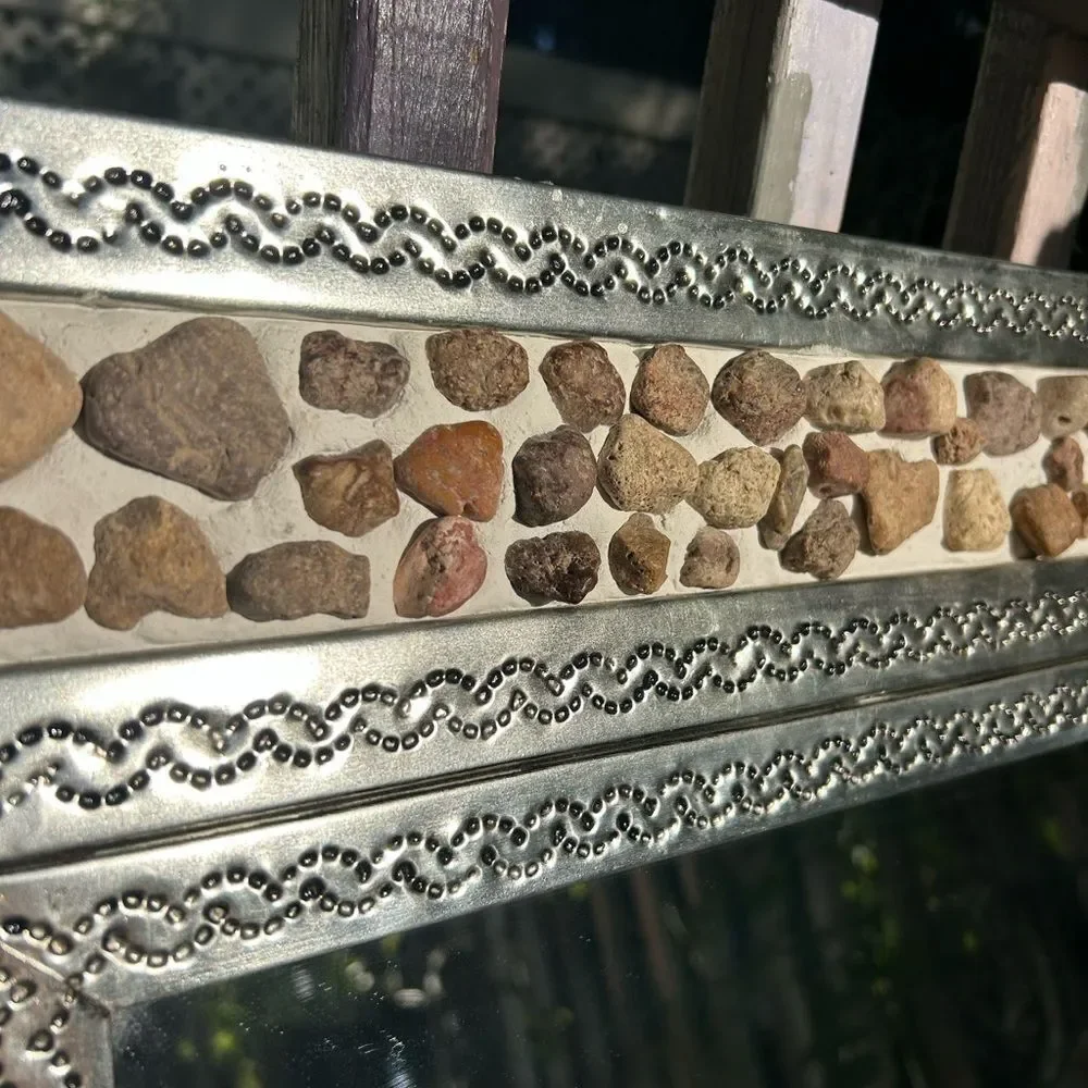 Mexican Tin Mirror Handcrafted - Rocks & Flowers 29" x 25" - Picture 3 of 16